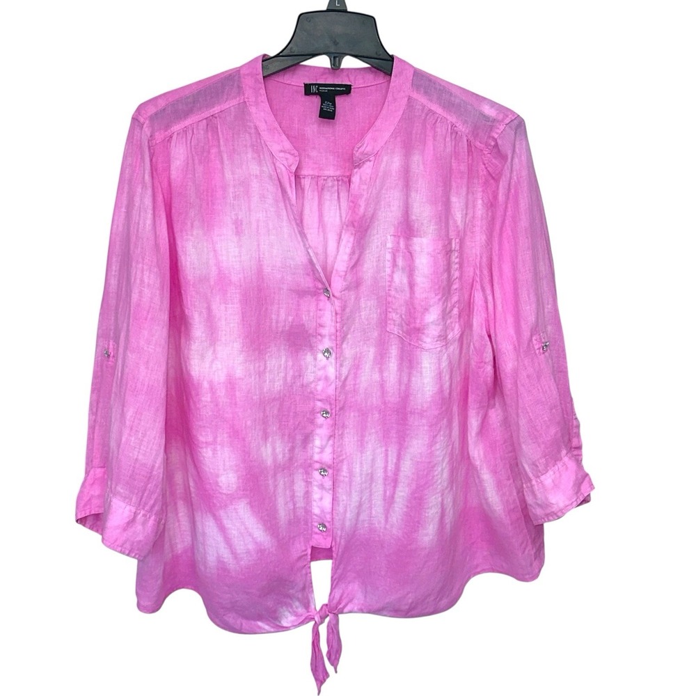 INC 100% Linen Shirt Plus Size 22W‎ Pink Tie Die Button Waist Tie Crop Top